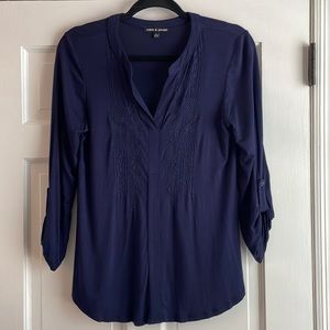 Navy henley-cut jersey tee with 3/4 length tie-back sleeves